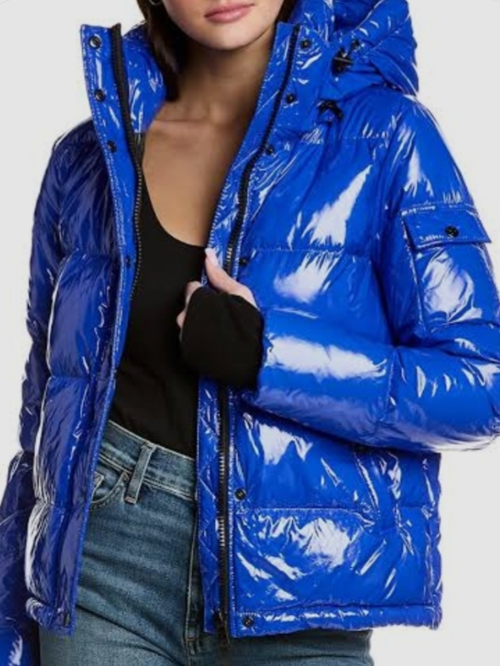 S13 Ella Lacquer Hooded Down Puffer Shiny Blue Hooded Women's Jacket Size M- New